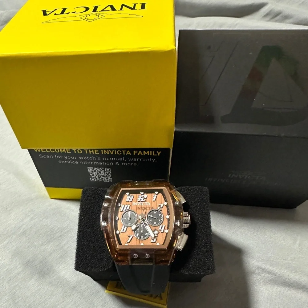 Invicta Men’s Chronograph Tonneau Watch Black Silicone Strap Bronze Dial NIB